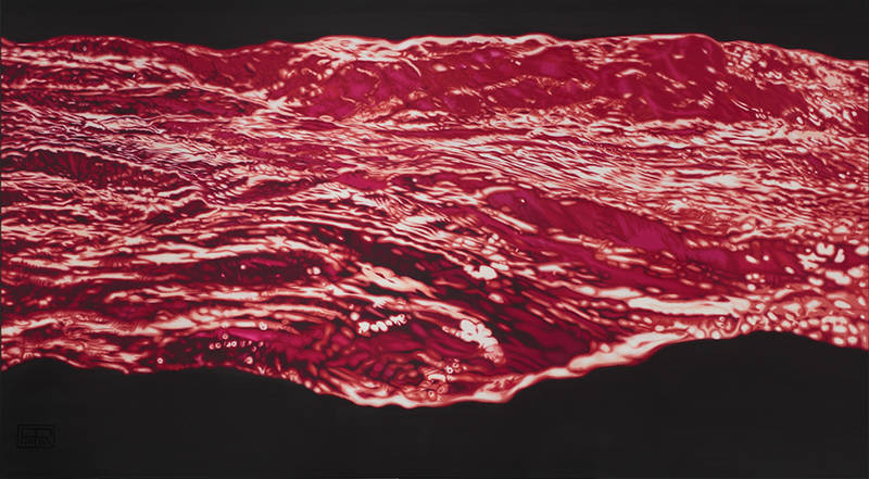 Franziska Rutishauser, peinture: Aggregation II - Dark light matter, 2015, Huile sur lin, 105x190cm