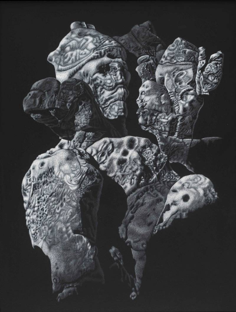 Franziska Rutishauser, dessins: Anthropomorphismes-Conférence des dieux (Konferenz der Götter), 2010, crayon pastel sur bois, 80x60cm