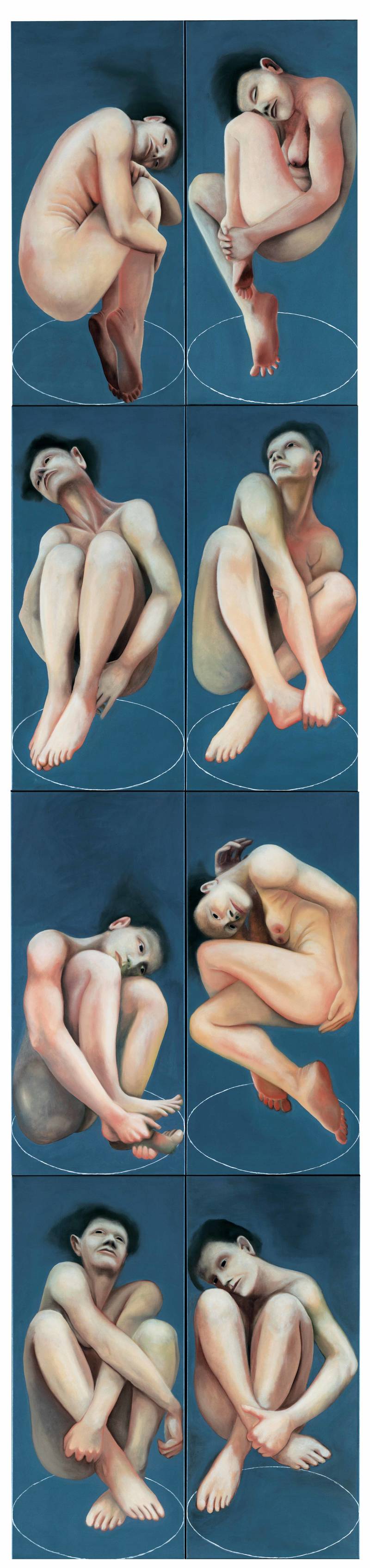 Franziska Rutishauser, painting: Konserven (Conserved), 8 parts, 1995, oil on cotton, 400x90cm