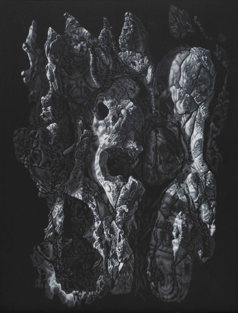 Franziska Rutishauser, Zeichnung: Anthropomorphismen-Eulenspiegel, 2010, Pastellstift auf Holz, 80x60cm
