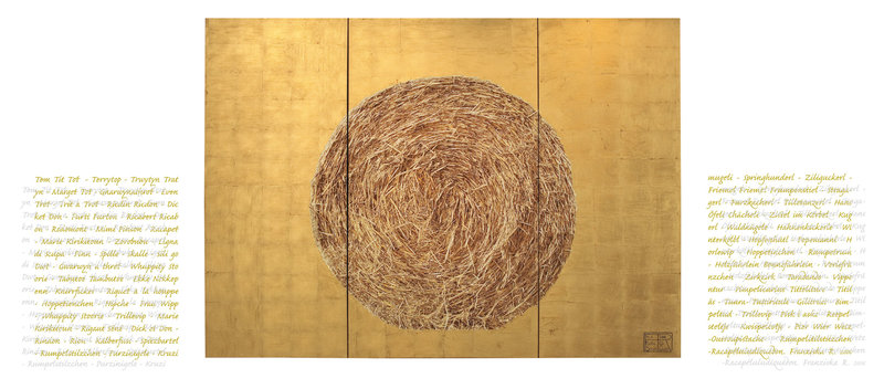 Franziska Rutishauser, painting: Straw & Gold (Stroh & Gold) No 6, 2006, 5 parts, oil on canvas, gold leaf, acrylic glass, 190x465cm