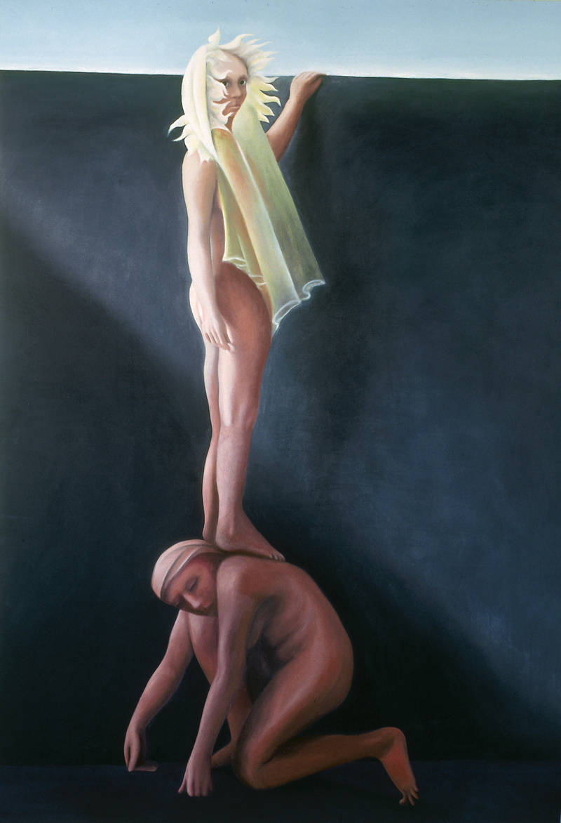 Franziska Rutishauser, painting: Mauerguckerin (Peering over the Wall), 1994, oil on cotton, 195x135cm