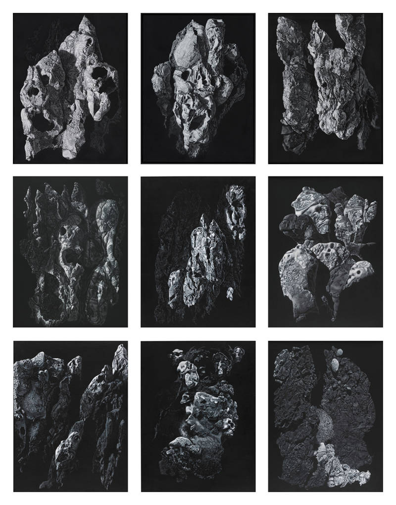 Franziska Rutishauser, exhibition view: WHITECONCEPTS-Gallery, Montage of 9 Anthropomorphisms, 2015, approx. 260 x 200 cm