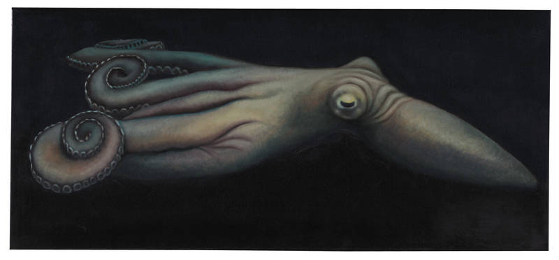 Franziska Rutishauser, peinture: Ciel et enfer, en 10 parties, pièce dét., Seiche (Tintenfisch), 1996, huile sur coton, 40x90cm